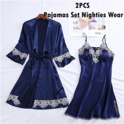 Womens 2PCS Pajamas Set V-Neck Nighties Wear Home Negligee Nightwear Lingerie Pijama Spring Nighty Robe Gown Suit Sleepwear, sp02